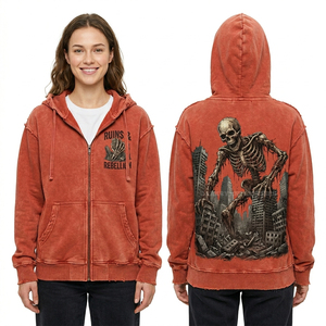 Sweat-shirt à capuche zippé vintage pour femme, rouge corail vieilli, avec motif squelette géant et ruines urbaines, style streetwear rébellion - Product Image 1