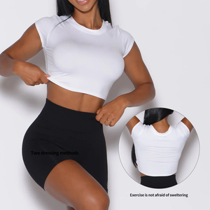 T-shirt court blanc pour femme, manches courtes, col rond, couleur unie, coupe ajustée, style sportif, à porter toute l'année - Product Image 5