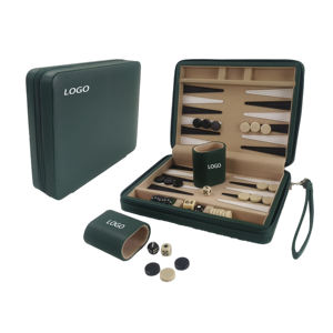 Luxury Green Leather Modern Durable Foldable Eco-Friendly Customizable <b>Backgammon</b> <b>Set</b> Removable Accessory Tray Board Table Game - Product Image 1