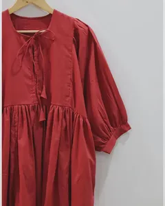 Elegant Coral Red Cotton Plain Maxi <b>Dress</b> With Tie Neck Puff Sleeve <b>Loose</b> Fit Women's Casual Summer <b>Dress</b> - Product Image 4