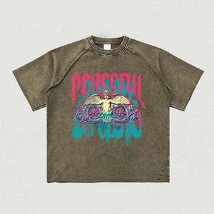 เสื้อยืดโอเวอร์ไซส์ผู้ชาย สีเบจ พิมพ์ลายกราฟิก แขนสั้น คอกลม สตรีทแวร์ แฟชั่นลำลอง เสื้อยืดลายเทวดาสันติภาพสำหรับผู้ชาย - Product Image 4