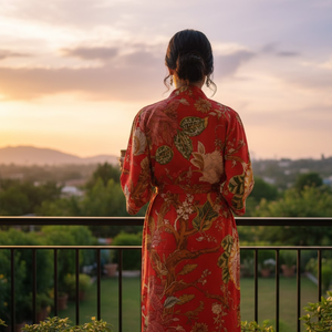 Robe Kimono en Coton Rouge à Motifs Floraux - Peignoir Long Imprimé à la Main - Vêtement de Nuit Bohème à Col en V - Kaftan Longue Épaisseur - Product Image 3