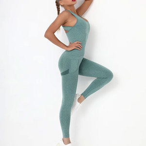 Two Piece Yoga Set High Waist Elastic Waist Full Length Leggings Racerback Square Neck Crop <b>Top</b> Color Blocking Seamless - Product Image 2