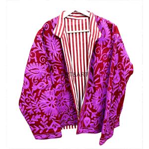 Veste élégante en velours côtelé rouge avec broderie florale violette, col et manches longues, vêtements d'extérieur pour femmes, automne - Product Image 2