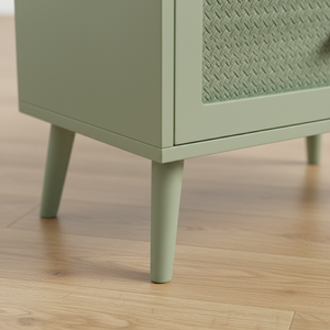 Mesa Auxiliar Moderna Ecológica de 2 Cajones de Madera de Caucho y MDF con Chapa de Roble y Detalles de Ratán, Mesa de Almacenamiento para Sala de Estar - Product Image 5