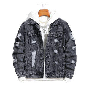 Men's Distressed <b>Denim</b> Jacket Ripped Hoodie Casual Autumn Outerwear Solid Color Button Fly Regular Fit Knitted Cotton <b>Coat</b> - Product Image 3