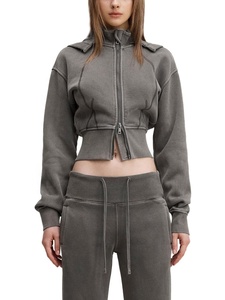 Women's <b>Cropped</b> Hooded <b>Zip</b>-<b>Up</b> Sweatshirt Solid Color Full Sleeve Knitted Cotton Autumn Casual Streetwear - Product Image 3