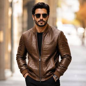 Blouson aviateur en cuir marron gaufré pour homme LEATHER SPOT |   Cuir véritable |   Fermeture éclair de luxe à texture croco |   Respirant - Product Image 1