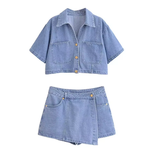 Women's Casual Canvas Denim 2-Piece Summer Set Crop <b>Top</b> Above Knee Shorts with Embroidery Appliques - Product Image 1