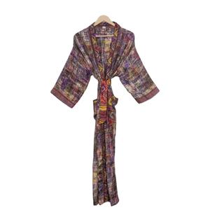 Kimono Sari de Seda Étnica Reciclada para Mujer, Maxi Bata Japonesa Vintage con Cuello en V y Cordón, Cubierta de Bikini, Patchwork Frontal Transpirable - Product Image 1