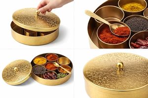 Custom Design Brass Round Spice <b>Box</b> Golden with Embossed Lid - Beautiful Design Spice Containers - Product Image 4