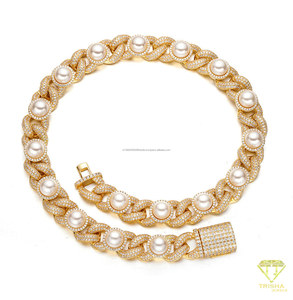 Collier gourmette cubaine en perles avec diamant Moissanite, en argent sterling 925, bijoux de luxe glacés pour femme, vente en gros - Product Image 4