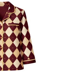 Ensemble de pyjama pour femmes personnalisé en beige bordeaux à motif argyle, manches longues, boutonné, vêtements de nuit en coton doux, ensemble de détente deux pièces - Product Image 4
