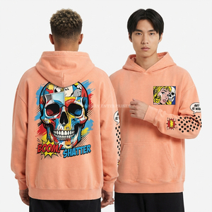 เสื้อฮู้ดลายป๊อปอาร์ตหัวกะโหลก สีพีช-ส้ม สำหรับผู้ชาย ผ้าคอตตอนฟลีซ 350GSM พิมพ์ลายการ์ตูน สตรีทแวร์แบบสั่งทำพิเศษ เสื้อฮู้ดหนาน้ำหนักมาก - Product Image 1