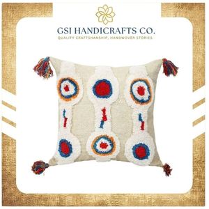 Funda de cojín decorativa cuadrada de estilo bohemio con bordado geométrico y borlas, superventas de fábrica - Product Image 2