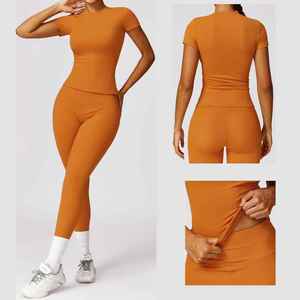 New Arrivals Women Activewear Short Sleeve Running Shirt Top High Waist Leggings Fitness Workout <b>Yoga</b> <b>Set</b> for Athletic Gym - Product Image 3