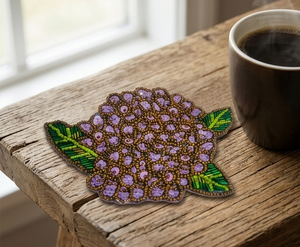 Sous-verre brodé à la main avec perles florales, motif fleur violet et or, sous-verre de luxe pour boissons, décoration de table, cadeau unique - Product Image 5