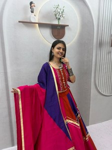 Women Traditional Indian Pakistani <b>Wedding</b> Roman Silk <b>Lehenga</b> Set <b>Red</b> Purple Gold Embroidery Floor-Length Regular Fit - Product Image 1