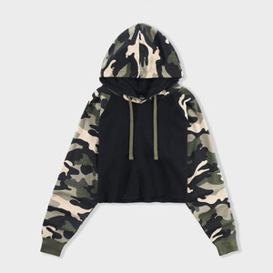 Sweat-shirt à capuche court pour femme, tricoté, à manches camouflage color block, coupe ample, respirant, à manches longues, style décontracté automne - Product Image 4