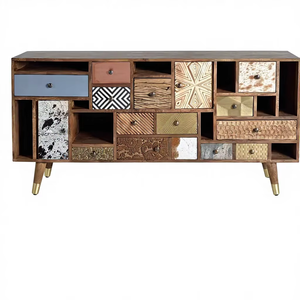 Buffet en bois de manguier massif à plusieurs tiroirs, style mid-century moderne rustique, console de rangement avec pieds en laiton. - Product Image 1