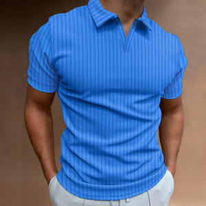 Polo à manches courtes rayé pour homme, coupe ajustée, col en V, tricoté, style décontracté, gris - Product Image 6