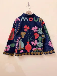 Chaqueta de terciopelo con bordado floral, cuello mandarín, manga larga, estilo Prairie Chic para mujer, abertura frontal, talla única, para primavera/invierno. - Product Image 2