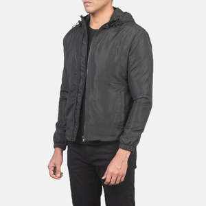 Veste matelassée à capuche pour homme, coupe-vent, décontractée, noire unie, fermeture éclair, rembourrage en polyester, veste d'automne - Product Image 4