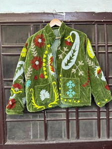 <b>Women</b> Boho Green <b>Velvet</b> Embroidered Floral Suzani <b>Jacket</b> With Floral Pattern Full Sleeve Stand Collar <b>Women</b> Autumn Outerwear - Product Image 1