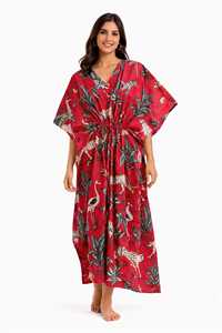 Robe kaftan florale pour femmes, robe maxi bohème, tenue de plage estivale, coupe ample, col en V, robe de vacances. - Product Image 2