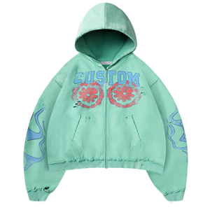 Sudadera con capucha y cremallera frontal personalizada para hombre, estilo oversize, diseño floral, serigrafiada, de algodón verde con forro polar. - Product Image 2