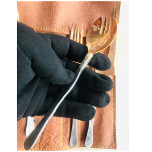 Ensemble de couverts en cuivre forgé à la main avec étui en cuir, 4 pièces, ustensiles de camping, cuillère, fourchette, couteau, ensemble de repas rustique pour l'extérieur - Product Image 6