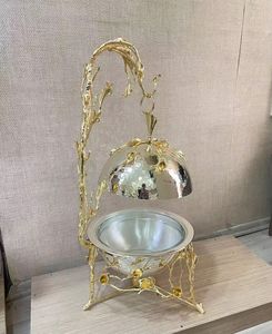 Luxury Gold Hanging Casserole Premium Food Warmers Ornate Stainless Steel <b>Buffet</b> <b>Server</b> with Floral Branch Stand & Lid - Product Image 1