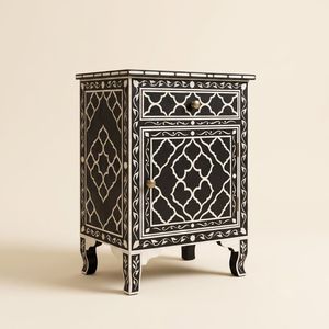 Handcrafted <b>Black</b> Bone Inlay <b>Bedside</b> Table 1 Drawer Moroccan Trellis Motif Luxury Indian Inlay Furniture <b>Bedside</b> <b>Cabinet</b> - Product Image 1