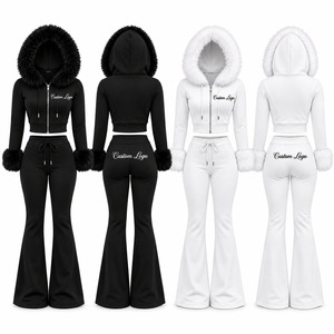 High Quality Women Faux Fur Trim Cropped Zip Hoodie Flare Pants 2 Piece Set <b>Y2K</b> Winter Athleisure <b>Tracksuit</b> - Product Image 1