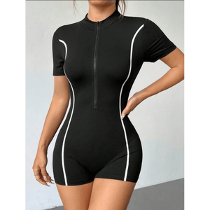 Combinaison de bain athlétique une pièce à manches courtes et fermeture éclair sur le devant pour femme, combinaison de bain athlétique élégante pour femme, séchage rapide - Product Image 2