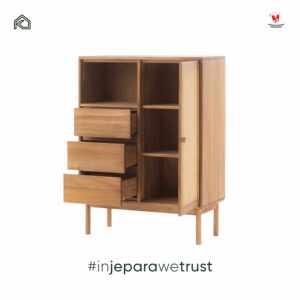 Armoire de rangement en bois massif scandinave moderne personnalisable avec 3 tiroirs et 4 étagères, meubles de salon, fabrication Jepara - Product Image 2