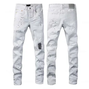 Jean en denim tissé extensible imprimé pour homme avec broderie, coupe crayon déchirée, idéal printemps/automne/hiver - Product Image 1