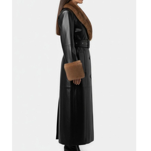 Elegant <b>Black</b> Real Leather Breathable Windproof Unisex Trench <b>Coat</b> <b>Fur</b> Trim <b>Collar</b> Cuffs Long Length Winter Outerwear Polyester - Product Image 5