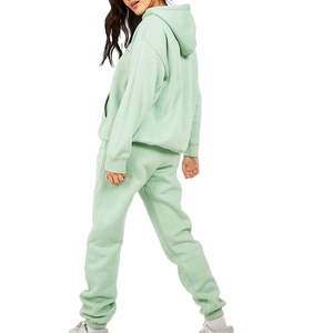 Venta al por mayor de alta calidad Pink Sweatsuit Crop Top Sudadera con capucha de cuello redondo de gran tamaño de pierna ancha Joggers Set French Terry sudadera Set Mujeres - Product Image 3