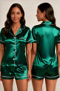 Ensemble de pyjama en satin vert à pois pour femmes, manches courtes, col rabattu, fermeture à boutons, vêtements de nuit d'été - Product Image 1