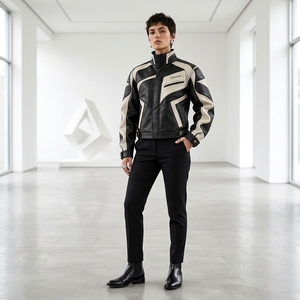 Veste en cuir noir et blanc personnalisée pour homme, veste de motard, veste à panneaux contrastés, col haut, streetwear, manteau de luxe OEM - Product Image 2