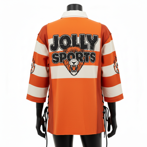 Chemise de rugby pour femme en coton épais de qualité supérieure, manches rayées orange, empiècements latéraux en dentelle, logo personnalisé imprimé à l'écran. Chemise de rugby pour femme en coton. - Product Image 2