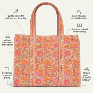 Bolso Tote Acolchado de Algodón Beige Hecho a Mano, Bolso de Hombro con Estampado Floral Naranja y Rosa con Ribete a Rayas, Obra Maestra de Alta Costura - Product Image 2