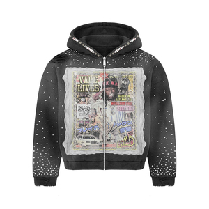 Sweat à capuche surdimensionné en coton épais délavé à l'acide pour homme, style streetwear, avec broderies et strass - Product Image 1