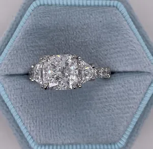 <b>Cushion</b> Cut Moissanite Engagement Ring Three Stone 925 Sterling Silver White Gold Plated Bridal Ring <b>for</b> Women - Product Image 6