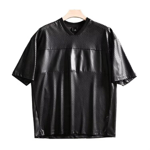 Men's Black Short Sleeve V-Neck Casual <b>Shirt</b> Solid Color Satin Fabric leather wear Quick Dry Knitted Style - Product Image 6