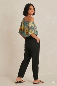 Yellow Stripe Floral Print One Shoulder Short Cotton Silk Sexy & Club <b>Top</b> - Product Image 6