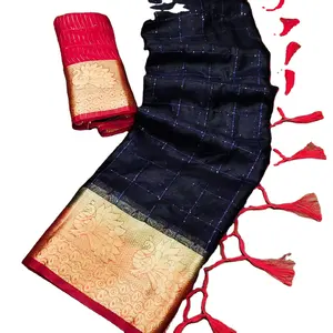 纯正提花编织欧根纱丝绸遍布纱丽，序列搭配花式流苏，用于女性网上销售