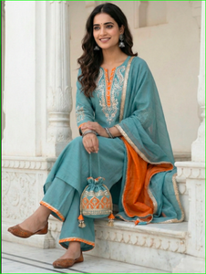 Conjunto de Kurta/Kurti de Seda Azul Polvo con Bordado Gota Mal Chanderi para Fiestas, Todas las Temporadas - Product Image 5