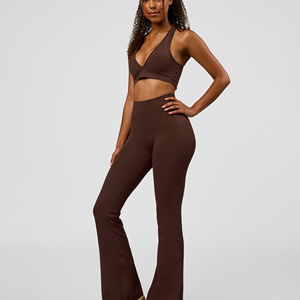 Pantalones de yoga acampanados transpirables para mujer con logo personalizado, cintura alta, control de abdomen, pantalón deportivo elástico sin costuras, leggings acampanados - Product Image 3